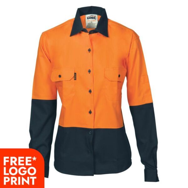 Womens HiVis Two Tone Cotton Long Sleeve Drill Shirt Thumbnail